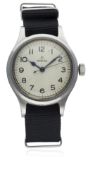 A GENTLEMAN'S STAINLESS STEEL BRITISH MILITARY OMEGA RAF PILOTS WRIST WATCH DATED 1956 D: White dial