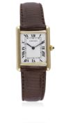A GENTLEMAN'S 18K SOLID GOLD CARTIER TANK WRIST WATCH CIRCA 1990 D: White dial with black Roman