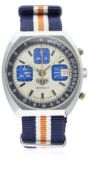 A GENTLEMAN'S STAINLESS STEEL HEUER CHRONOGRAPH WRIST WATCH CIRCA 1980, REF. 1614 D: Silver & blue