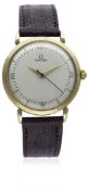 A GENTLEMAN'S 9CT SOLID GOLD OMEGA AUTOMATIC WRIST WATCH CIRCA 1956 D: Silver dial with gilt 