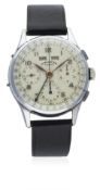 A GENTLEMAN'S DOM WATCH TRIPLE CALENDAR CHRONOGRAPH WRIST WATCH CIRCA 1940s D: Silver dial with gilt