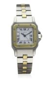 A LADIES STEEL & GOLD CARTIER SANTOS AUTOMATIC BRACELET WATCH CIRCA 1990s D: White dial with black