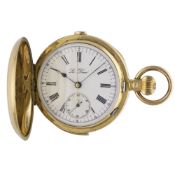 A GENTLEMAN'S 18K SOLID GOLD FULL HUNTER QUARTER REPEATER CHRONOGRAPH POCKET WATCH CIRCA 1900  D: