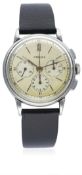 A RARE GENTLEMAN'S STAINLESS STEEL LEMANIA CHRONOGRAPH WRIST WATCH CIRCA 1950s  D: Two tone silver