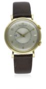 A RARE GENTLEMAN'S 18K SOLID GOLD JAEGER LECOULTRE MEMOVOX ALARM WRIST WATCH CIRCA 1950s D: Silver