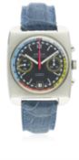 A GENTLEMAN'S STAINLESS STEEL AROLA CHRONOGRAPH WRIST WATCH CIRCA 1970s D: Black dial with grey