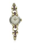 A LADIES 9CT TWO COLOUR SOLID GOLD & RUBY OMEGA BRACELET WATCH CIRCA 1961 D: Silver dial with gilt