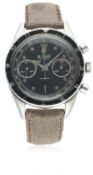A GENTLEMAN'S STAINLESS STEEL LEJOUR CHRONOGRAPH WRIST WATCH CIRCA 1960s D: Gloss black dial with
