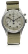 A RARE GENTLEMAN'S STAINLESS STEEL BRITISH MILITARY LEMANIA SINGLE BUTTON ROYAL NAVY CHRONOGRAPH