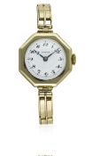A LADIES 18K SOLID GOLD ROLEX BRACELET WATCH CIRCA 1920s D: White enamel dial with Arabic