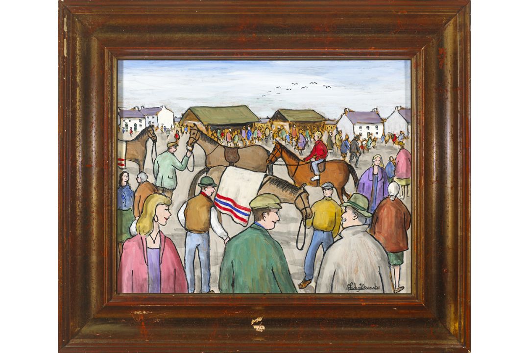 Gladys Maccabe HRUA ROI FRSA (b.1918) MARKET DAY PONY SALE oil on board signed lower right 16½ x - Image 2 of 2