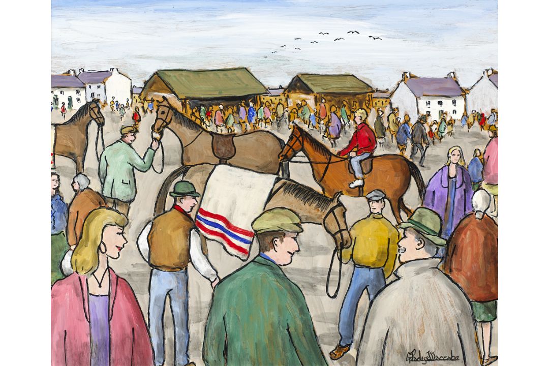 Gladys Maccabe HRUA ROI FRSA (b.1918) MARKET DAY PONY SALE oil on board signed lower right 16½ x - Image 1 of 2
