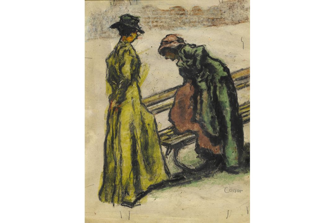 William Conor OBE RHA RUA ROI (1881-1968) LADIES BY A PARK BENCH crayon signed lower right 13½ x 9¾ - Image 1 of 2