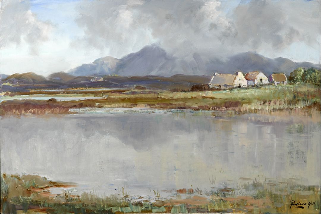 Rowland Hill ARUA (1915-1979) LAKESIDE COTTAGES AND TWELVE PINS, CONNEMARA oil on canvas signed - Image 1 of 2