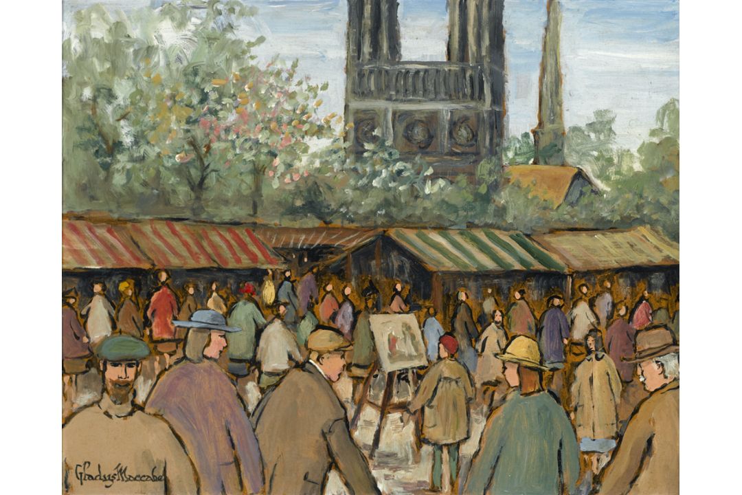 Gladys Maccabe HRUA ROI FRSA (b.1918) NOTRE DAME AND STALLS AT THE SEINE, PARIS oil on board - Image 1 of 2