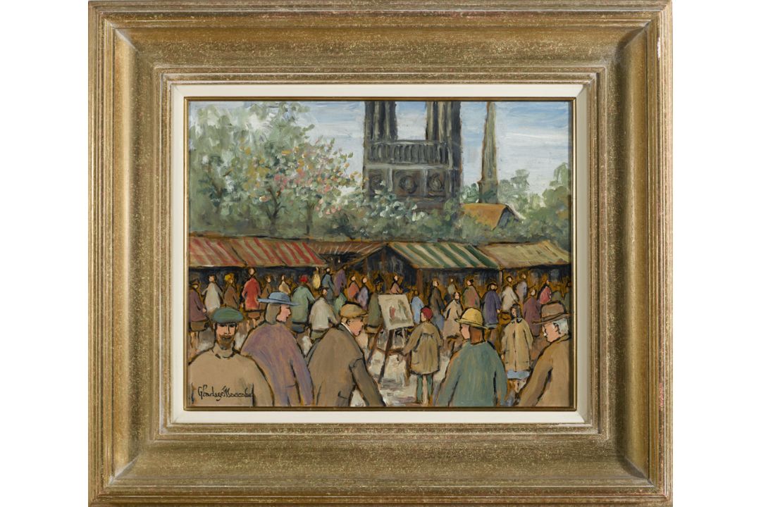 Gladys Maccabe HRUA ROI FRSA (b.1918) NOTRE DAME AND STALLS AT THE SEINE, PARIS oil on board - Image 2 of 2