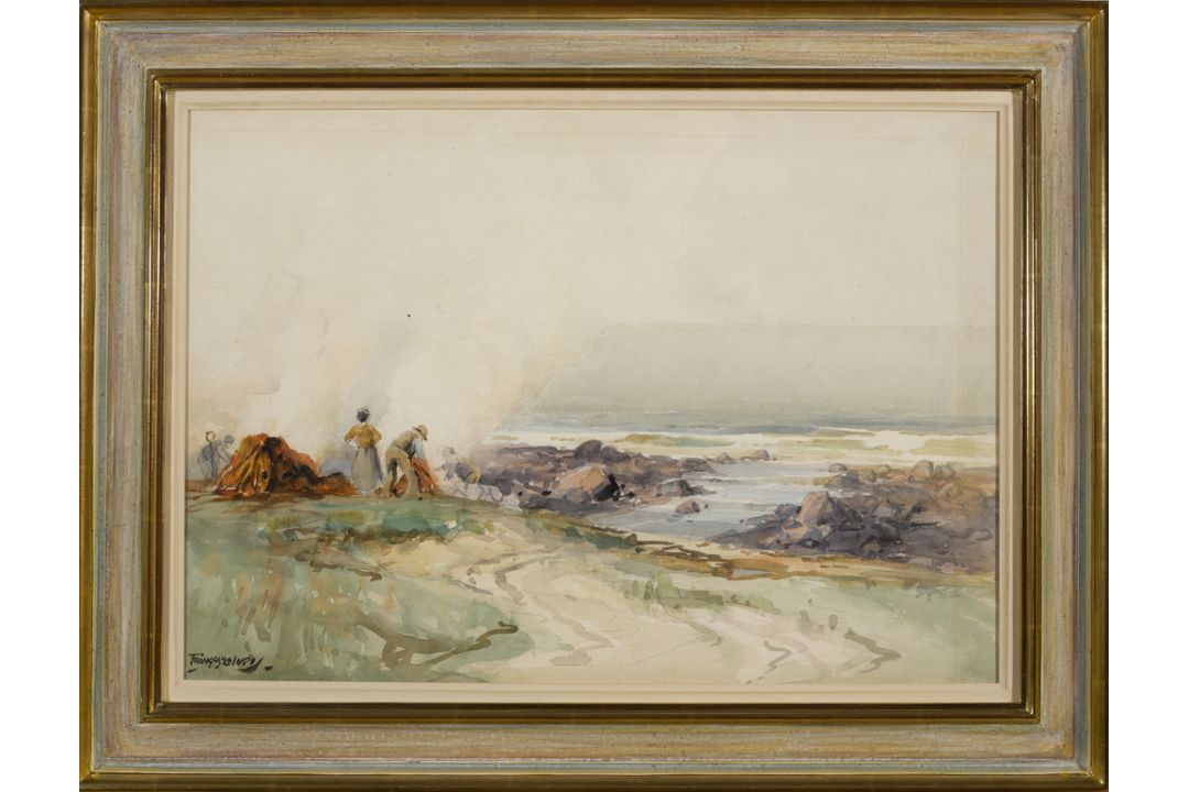 Frank McKelvey RHA RUA (1895-1974) BURNING SEAWEED FOR KELP, ANTRIM COAST watercolour signed lower - Image 2 of 2