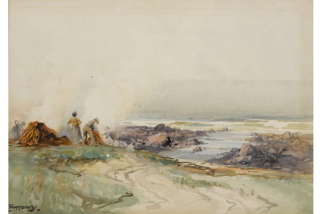 Frank McKelvey RHA RUA (1895-1974) BURNING SEAWEED FOR KELP, ANTRIM COAST watercolour signed lower - Image 1 of 2