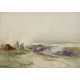 Frank McKelvey RHA RUA (1895-1974) BURNING SEAWEED FOR KELP, ANTRIM COAST watercolour signed lower - Image 1 of 2