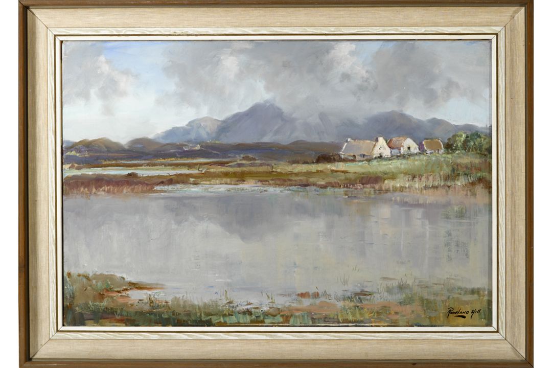 Rowland Hill ARUA (1915-1979) LAKESIDE COTTAGES AND TWELVE PINS, CONNEMARA oil on canvas signed - Image 2 of 2