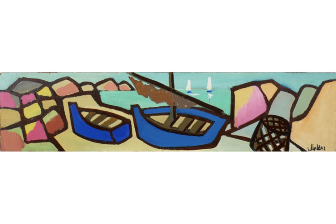 Markey Robinson (1918-1999) BLUE BOATS oil on panel signed lower right; signed and titled on reverse
