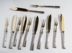 Obstbesteck, Art Déco, WMF, versilbert, für 6 Personen, dezentes Griffdekor, Klingen bzw.Gabeln