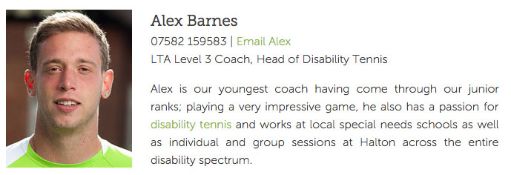 2hrs tennis coaching sessions with Alex Barnes LTA Level 3 coach at Halton Tennis Club. See http://