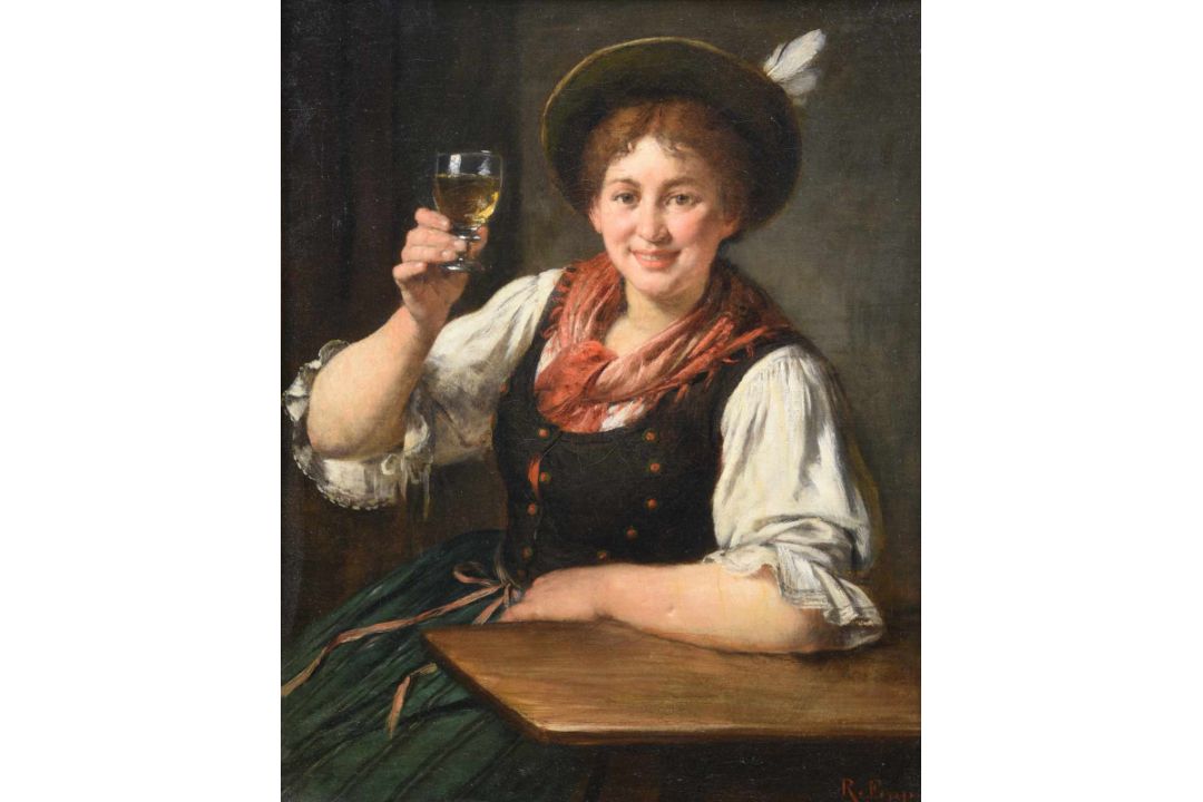Epp, Rudolf (1834 Eberbach - 1910 München), "Mädchen in Tracht prostet dem Betrachter zu", Öl auf - Bild 1 aus 2