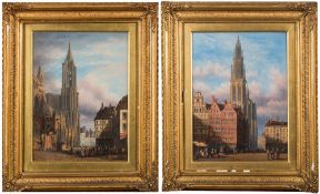 Henry Schafer [1815-1973]- Continental town scene with numerous figures and cathedral:- signed and