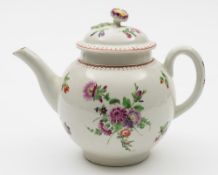 A Worcester polychrome teapot and cover: of globular form with flower finial,