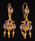 A pair of gold, amethyst and seed pearl trefoil cluster drop earrings:, 4.5gms gross weight.