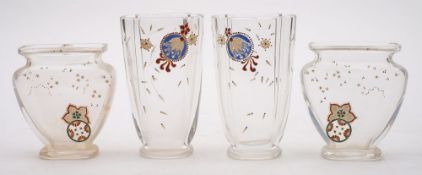 Two pairs of French glass vases, probably Baccarat:, one of raised slender quadrilobed profile,