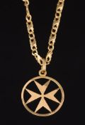 A four-pointed star design, circular pendant on 18ct gold fancy-link chain:, 19gms gross weight.
