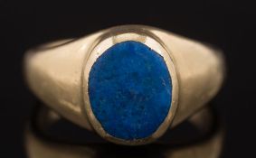 A 9ct gold and lapis lazuli single stone signet ring:, ring size J 1/2.