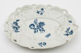 A Worcester blue and white oval basket pattern dish: with pierced edge,