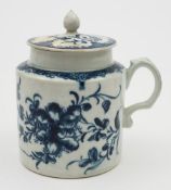 A large Worcester blue and white wet mustard pot and cover: of cylindrical drum form with pointed