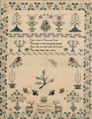 A 19th century needlework sampler: with central verse, flowering shrubs, trees, stags,