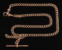 A 9ct gold curb link watch chain: with attached T-bar, 30gms gross weight.