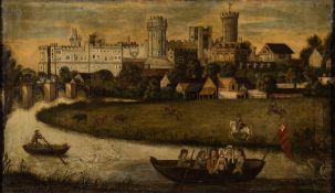English Provincial School Circa 1700- Warwick Castle:-, figures on a punt in the foreground,