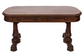 An early Victorian mahogany library table:, of rectangular shape with rounded ends,