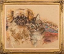 * Alice des Clayes [1890-1968]- Portrait of a Pekinese dog and a cat:- signed bottom