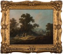 Jean Baptiste Pillement [1728-1808]- An upland landscape; shepherd, sheep and mule in a clearing,