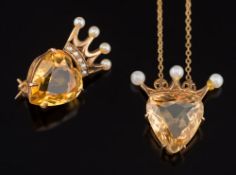 A 9ct gold heart-shaped citrine and cultured seed-pearl pendant on chain and matching brooch:.