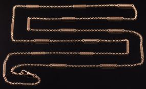 A 9ct gold belcher-link guard chain: interspersed with pierced lozenge shaped links,