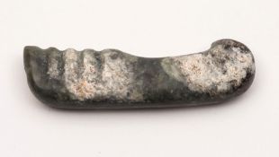 A Chinese jade handle: with ridged grip and two fitting holes,