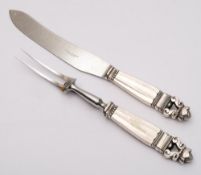A Georg Jensen Acorn pattern carving knife and fork: stamped marks to handles with steel blade and