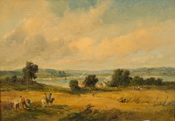 Alfred Vickers [1786-1868]- Harvest time, banks of the Menai Straits, Aber:- signed,