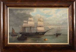 Circle of William John Huggins [1781-1845]- British frigate at anchor in a calm bay;