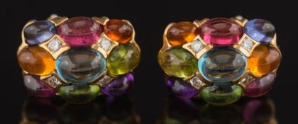 A pair of diamond and multi-colour gem-set clip earrings: each with a curved cluster of oval
