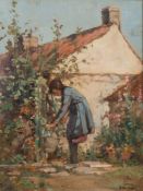 * Berthe des Clayes [1877-1968]- Girl with a pail of water:- signed bottom right oil on panel 33 x